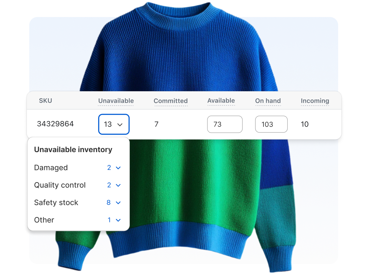 The image features a cell phone screen displaying an inventory management system, with a pair of sneakers beside it. The shoes are located near the bottom and above them there is a display bar of inventory quantities visible, including "unavailable", "committed", "available", and "on hand" quantities, possibly indicating there's 11 inventory quantities for the shoes on hand.
